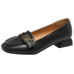 大东低跟浅口单鞋女2026新款春季上班通勤鞋一脚蹬方头粗跟小皮鞋