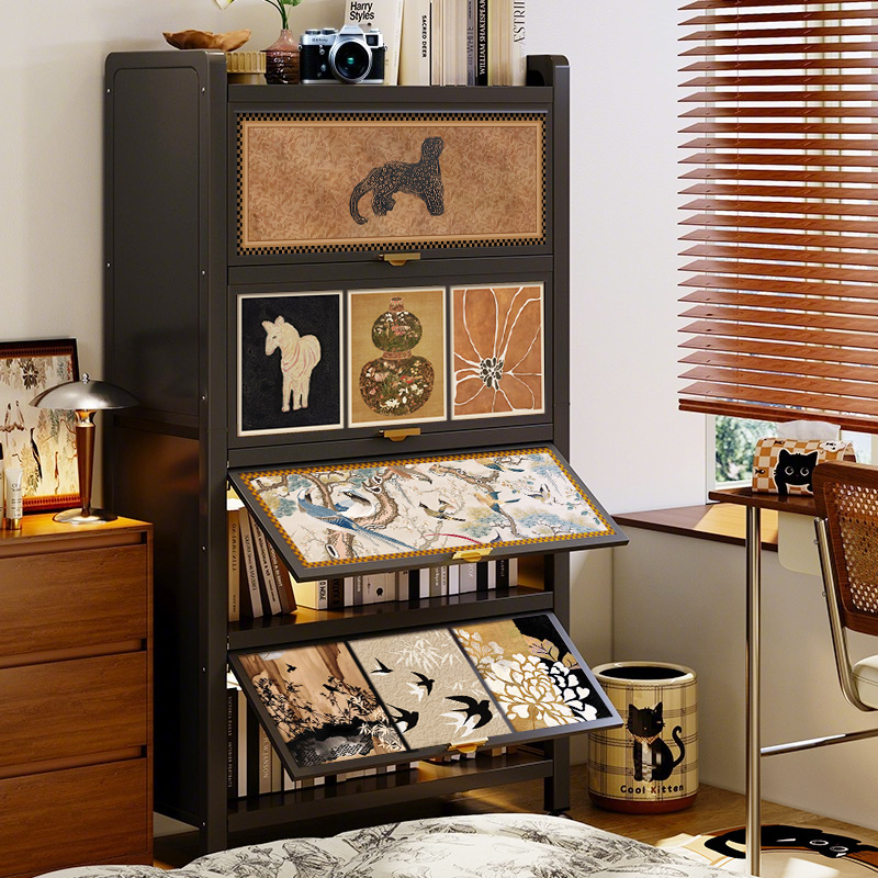 钢制书架带门落地置物架中古风家用收纳书柜储物柜一体靠墙铁皮