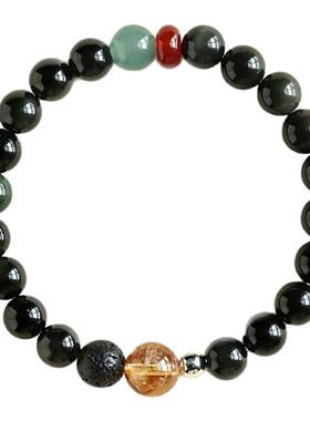 天然黑曜石手串情侣款黄塔晶玛瑙火山石翡翠新中式手链饰品礼物