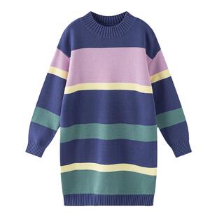 加比瑞童装 冬季新品 女童条纹撞色潮流时尚毛衣连衣裙中大童裙子