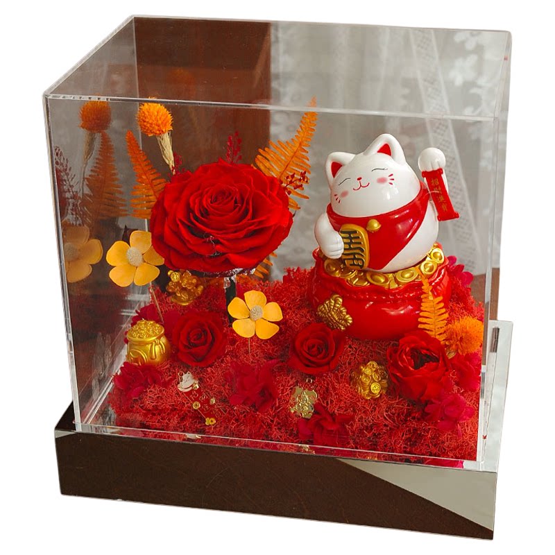 永生花玫瑰招财猫财神爷礼盒桌面摆件送客户领导开业乔迁生日礼物