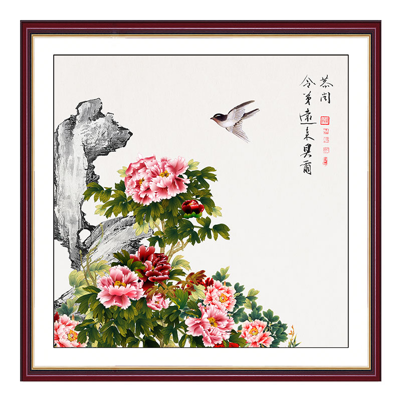 自粘式现代装饰客厅沙发背景墙画无框画芯 花开富贵 牡丹 贴画