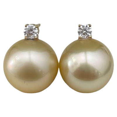 10-12mm浅金干枯玫瑰色18k金戴妃王款款南洋金珠海水珍珠耳环耳钉