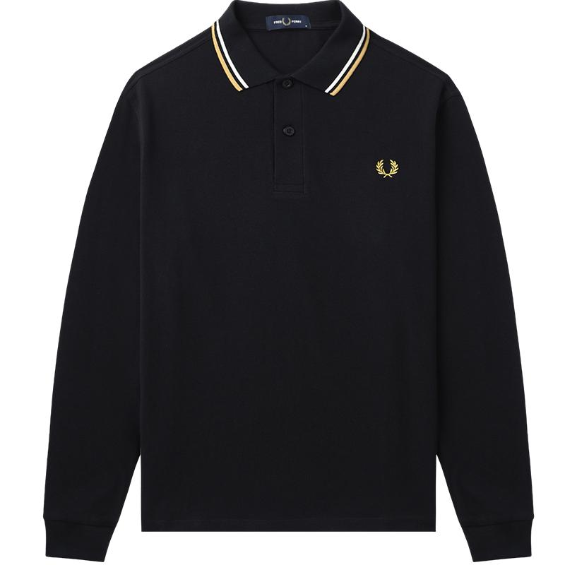 FRED PERRY男装长袖polo衫秋冬款休闲基础款条纹拼色领口翻领上衣