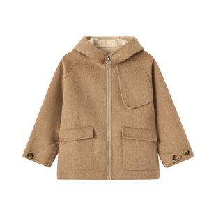 OPCP儿童双面羊毛大衣秋冬新款女童呢子外套中大童带帽风衣短款