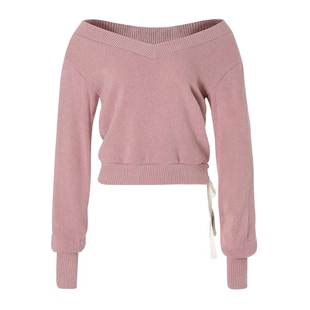 韩国crank美式复古露肩套头长袖毛衣女秋冬新款针织衫一字肩上衣