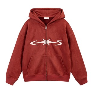CoosRetro 美式仿麂皮连帽卫衣外套男生春季宽松休闲拉链开衫上衣