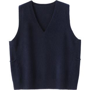 人见人爱~加厚V领100%羊绒马甲侧口袋背心纯羊绒毛衣坎肩宽松秋冬