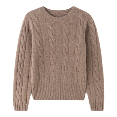 春竹秋冬新款羊毛羊绒混纺圆领合体绞花长袖女士针织衫