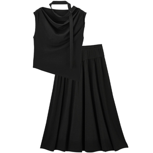 爱居兔气质针织套装裙夏季新款褶皱层次感荡领T恤搭A字长裙