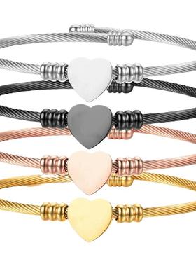 不锈钢钢丝编织心形手镯电缆线钛钢桃心手链Bracelet饰品配饰