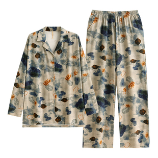 家乐芬睡衣女士春秋款秋季莫代尔棉长袖家居服大码套装复古水墨画