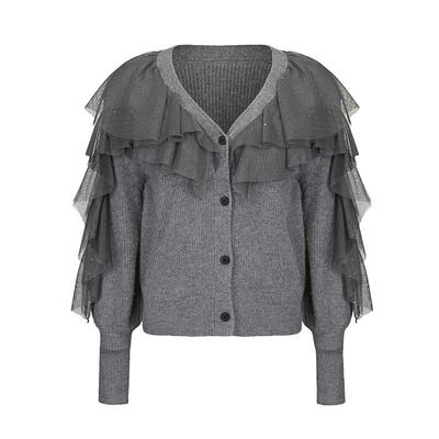 s.deer慵懒网纱灯笼袖开衫针织衫