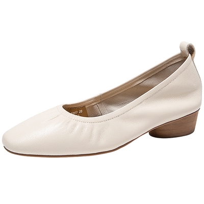 千百度褶皱羊皮浅口单鞋女2026春季新款低跟小香风轻便舒适晚晚鞋