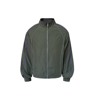 s45春夏格纹复古梭织插肩长袖夹克紫色条纹拉链立领外套男女