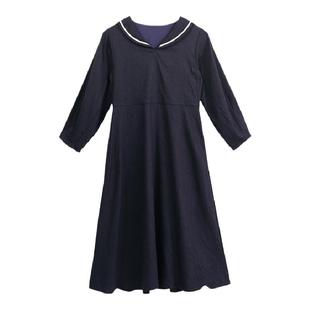 ECRU SOLI 素白已然 法式优雅 海军风显瘦 藏蓝七分袖 棉麻连衣裙