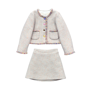 小童木 俏皮小香风女童套装冬季新款中大童夹棉外套半身裙两件套