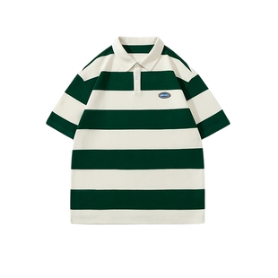 悟空有货复古潮牌日系条纹短袖POLO衫男夏季街头宽松情侣翻领体恤