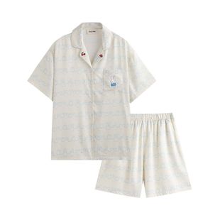 侘町2025年新款淡蓝色米菲表情冰丝短袖睡衣夏天季卡通家居服套装