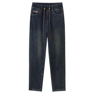 松紧高腰加厚绒哈伦牛仔裤女秋冬季小个大码胖mm直筒宽松老爹裤子