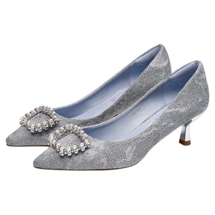 蹀愫小香风珍珠单鞋编织格呢小猫跟高跟鞋TA54514-12