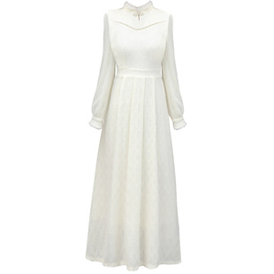 新中式白色蕾丝连衣裙立领国风盘扣改良旗袍长裙加绒加厚打底裙子