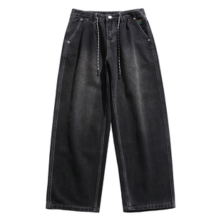 马切达春季男士水洗休闲老爹裤潮牌直筒牛仔长裤男款抽绳宽松裤子