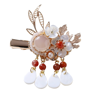 青雀记手工制作原创古风发夹流苏对夹南红玛瑙珍珠汉服头饰龙葵红