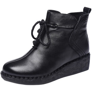 022平跟靴鞋带原创复古手工鞋真皮坡跟短靴软牛皮单靴软底妈妈鞋