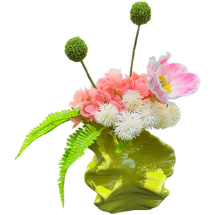 wo+精致花艺小摆件褶皱陶瓷花瓶仿真绣球花束洽谈桌前台餐桌摆放