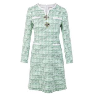 LIME莱茵年早春新款粗花呢连衣裙深薄荷绿色撞色小香风收腰裙