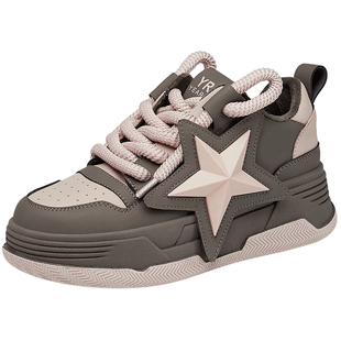 意尔康厚底松糕鞋女2025冬季款星星板鞋加绒休闲运动老爹鞋内增高