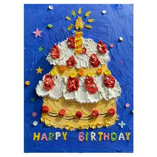 蓝色油画棒蛋糕生日画布背景墙装饰男孩女孩儿童派对气氛装扮布置