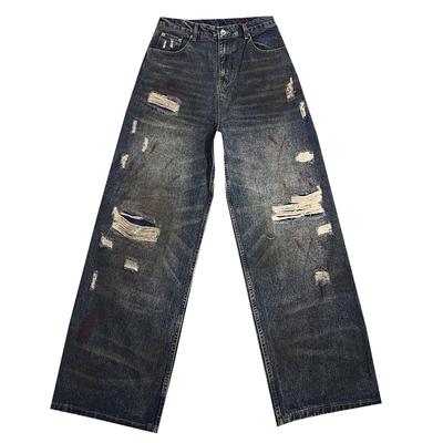 做旧破洞贴布设计牛仔裤男阔腿