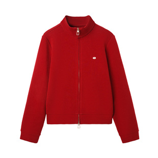 枫竺新年红穿搭磨毛绒加厚双拉链立领卫衣女2025冬季气质通勤外套