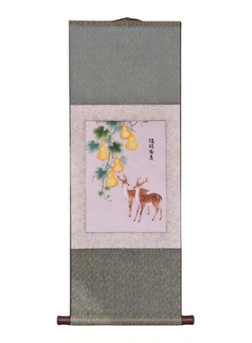 苏绣手工刺绣鸡翅木卷轴画