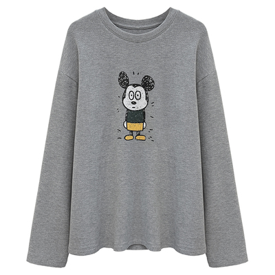 复古做旧米奇印花长袖t恤女冬季双面磨毛大版宽松减龄打底衫上衣