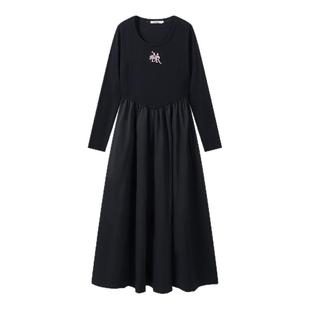 MARDI极简风黑色长袖连衣裙女收腰显瘦长裙松弛感圆领女士裙子