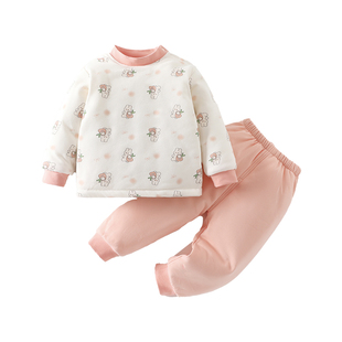 婴儿衣服冬装棉衣棉裤冬季保暖外出服小月龄宝宝睡衣夹棉分体套装