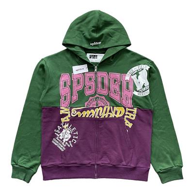 Sp5der 555555 Hoodies 拉链开衫男女款拼接连帽卫衣