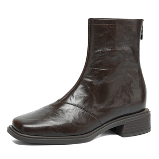 星期六加绒羊皮短靴子女2025新款冬季棕色切尔西瘦瘦靴英伦马丁靴