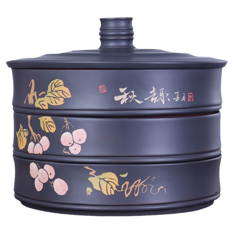 建水紫陶茶叶罐储茶罐357克每层一饼共三饼竹节三层饼盒 L80