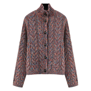 羊绒开衫外套女立领秋冬加厚短款欧货重工皮扣毛衣高领花纱针织衫