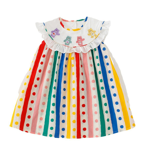 女童小熊刺绣短袖连衣裙宝宝彩虹条纹波点裙子儿童夏装无袖公主裙