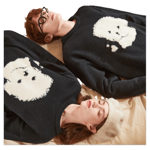 唐狮春季新款情侣装毛衣可爱小狗提花圆领款黑色套头毛线衫G