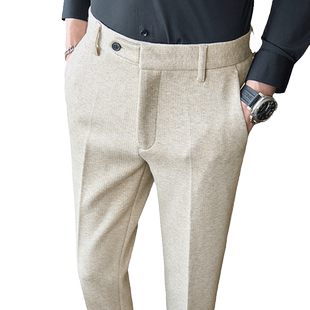 男裤子羊毛呢子秋冬季冬款加厚毛料杏色修身磨毛高端休闲男士西裤