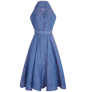 Ching‘s复古牛仔V领衬衫知性连衣裙女 高腰显瘦单排扣大摆伞裙夏