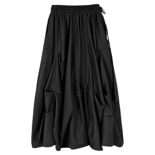 陆与山屿山本暗黑2025年春秋季黑色百搭长裤子多褶皱女士设计裙裤