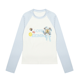 local aliens外星沙龙复古胸花印花长袖T恤撞色条纹修身打底衫