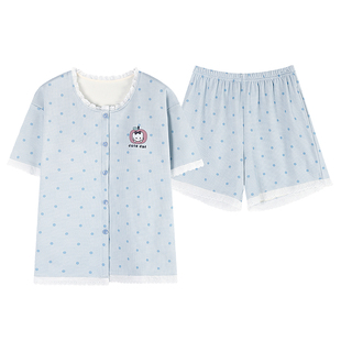 芬腾可安睡衣女款2026新款夏季纯棉带胸垫女士短袖水蓝家居服夏天